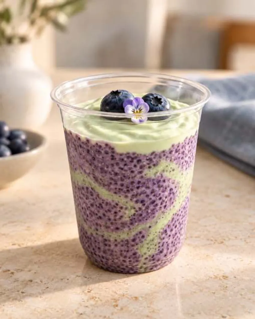 Blueberry chia pudding with blueberry and green yoghurt swirls