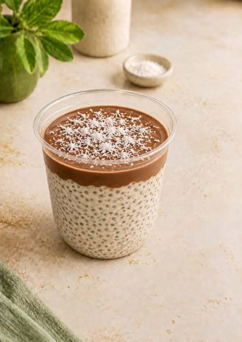 Coconut Halva chia pudding topped with toasted coconut