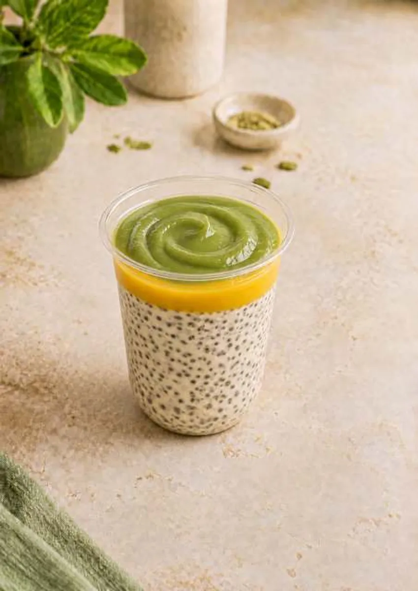Mango chia pudding topped with mango and a green swirl