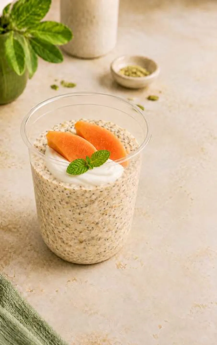 Papaya Mint overnight oats topped with fresh papaya and mint