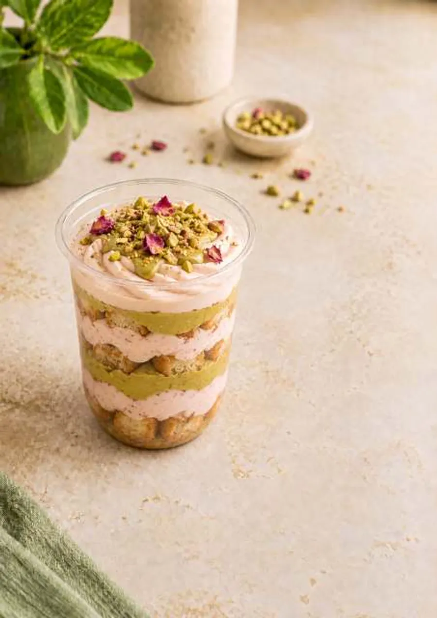 Rose Pistachio Tiramisu, Reimagined cup layered with pistachio cream and topped with crushed pistachio and rose petals