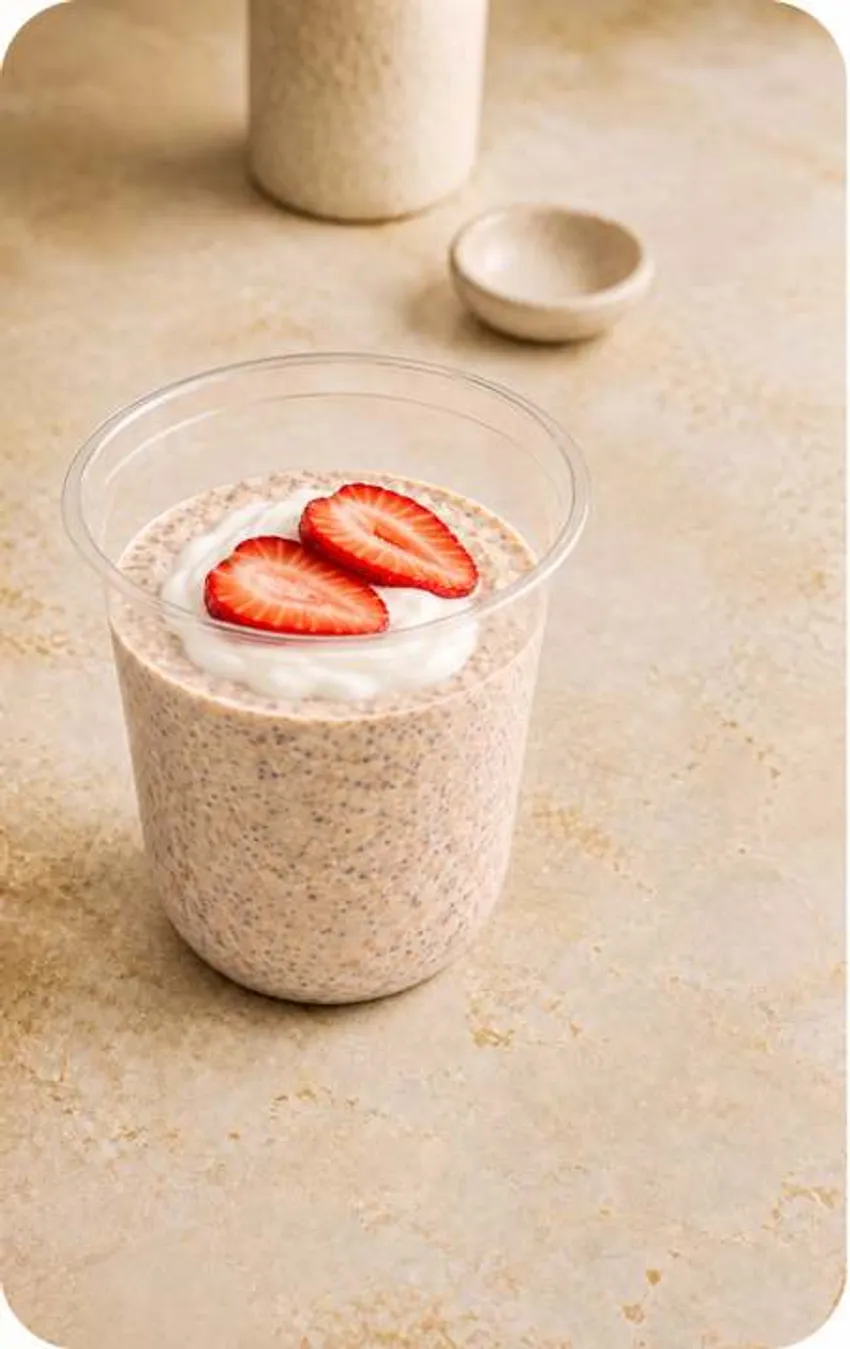 Strawberry Gum overnight oats cup topped with fresh strawberries